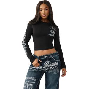 True Religion Women’s Crystal Contrast Stitch Long Sleeve Baby Tee – Rhinestone Logo, Slim Fit, Crew Neck Cotton Blend Top(Jet Black)