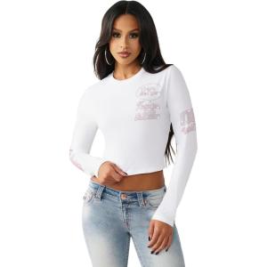 True Religion Women’s Crystal Contrast Stitch Long Sleeve Baby Tee – Rhinestone Logo, Slim Fit, Crew Neck Cotton Blend Top(White/Pink)