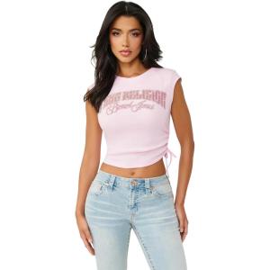 True Religion Women’s Crystal Side Ruch Short Sleeve Baby Top – Cropped Ruched Tee(Cherry Blossom)