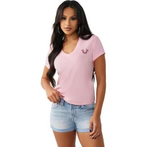 True Religion Women’s Crystal Sporty V-Neck Tee – Short Sleeve Cotton Blend T-Shirt with Rhinestone Logo Design(Fairytale)