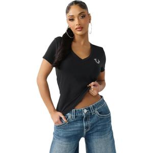 True Religion Women’s Crystal V Neck Logo Tee – Rhinestone Logo, Short Sleeves(Jet Black)