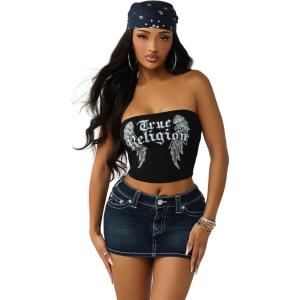 True Religion Women’s Crystal Wing Ribbed Tube Top – Stretch Rib Knit, Strapless Fit, Crystal Wing Design(Jet Black)