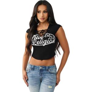 True Religion Women’s Lace Up Cap Sleeves Rib Top(Jet Black)