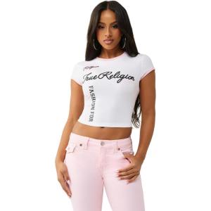 True Religion Women’s Sporty Contrasted Cap Sleeve Top – Fitted Cotton Tee(Optic White)