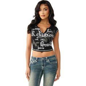 True Religion Women’s V Notch Rib Tee – Cropped Ribbed Top, V-Notch Neckline(Jet Black)