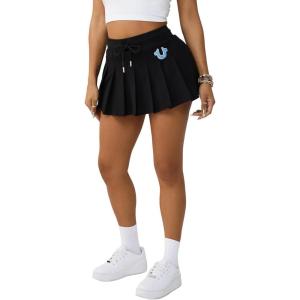 True Religion Women’s Vintage Pleated Mini Skirt – Mid-Rise Waist, Raw-Cut Hem, Pleated Detailing – Jet Black, Small
