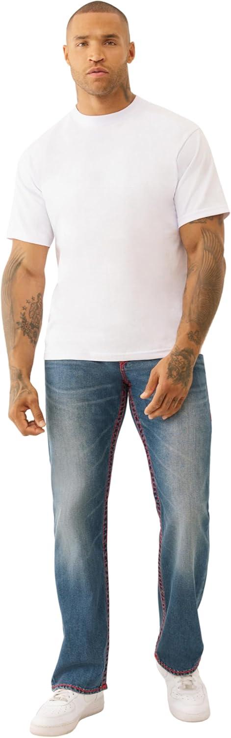 imageTrue Religion Mens Billy Super T Flap Jeans Straight Leg Denim with Contrast StitchingEriccson Pl Dark Wash