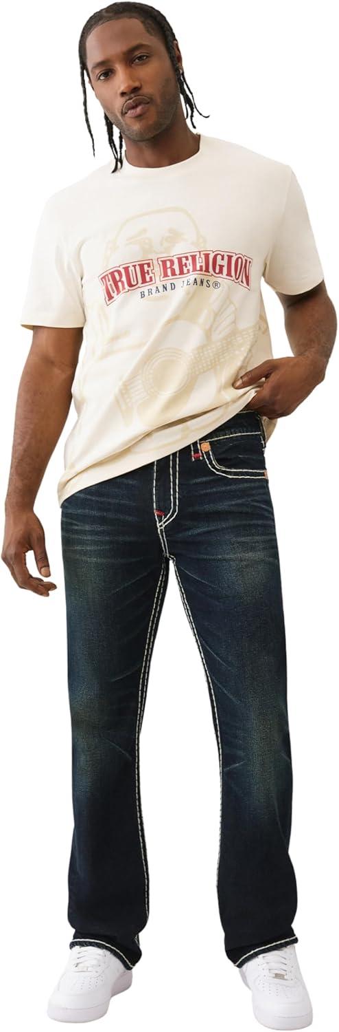 imageTrue Religion Mens Billy Super T Flap Jeans Straight Leg Denim with Contrast StitchingMidnight Serencade Dark Wash