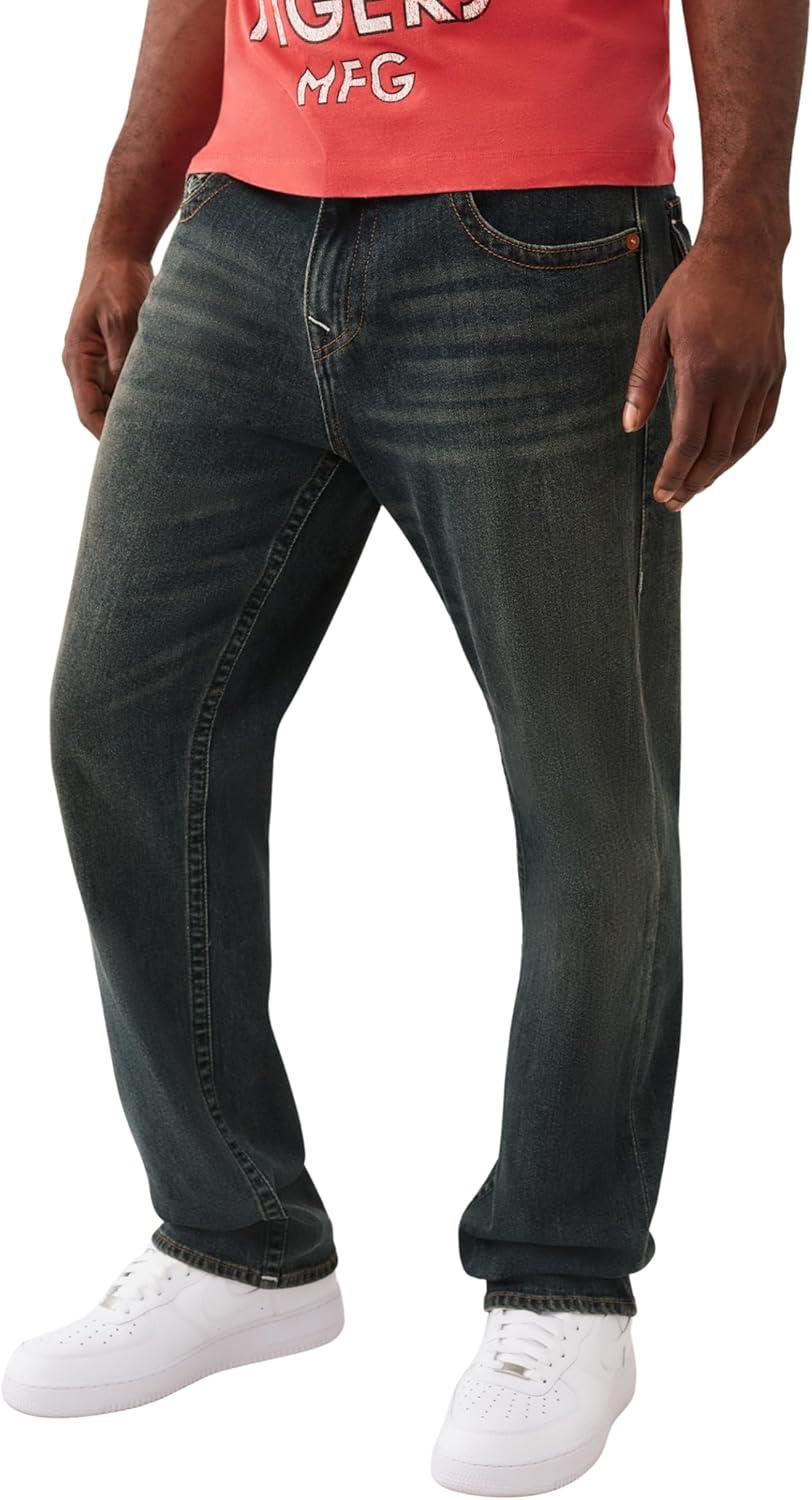 imageTrue Religion Mens Bobby Single Needle Flap 32In Jean Premium Stretch Denim Great Fit Durable DesignGreenland Dark Wash