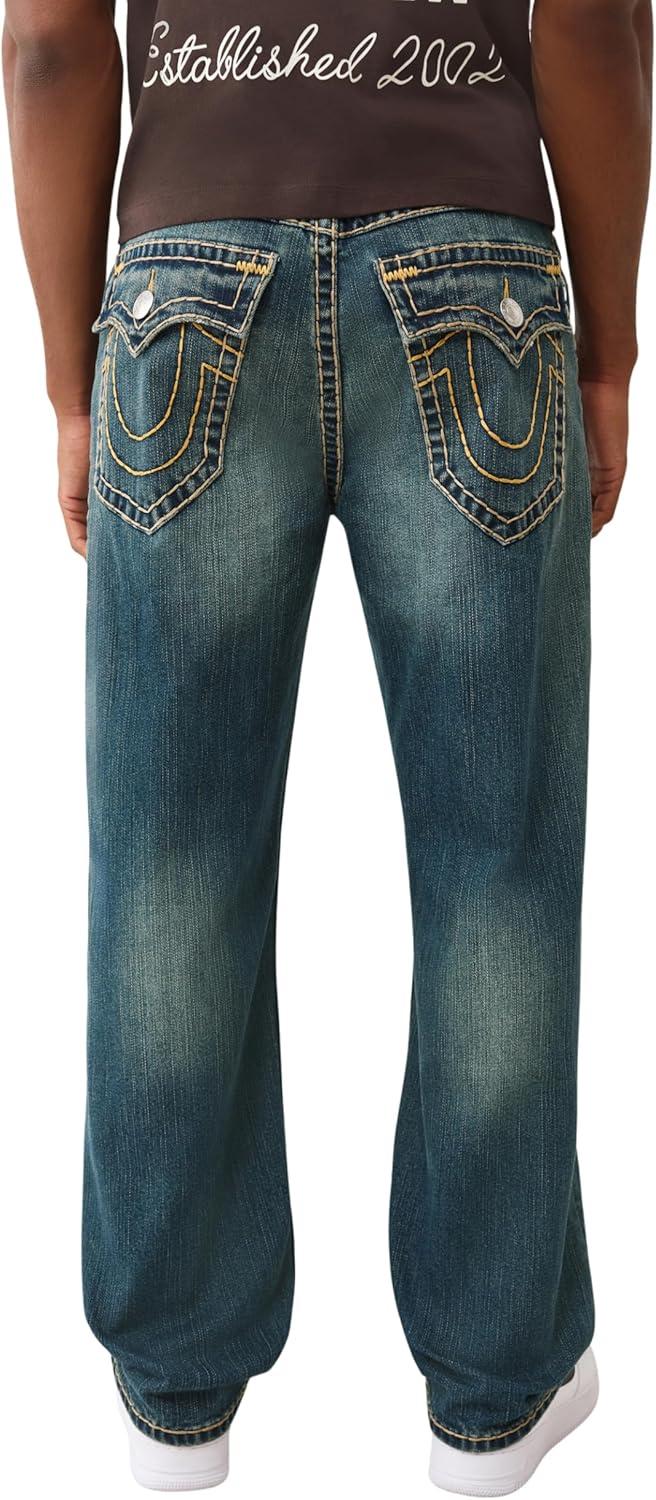 imageTrue Religion Mens Bobby Super T Flap Jeans Relaxed Bootcut Denim with Contrast Stitching amp Back Flap PocketsGotham Grind Dark Wash