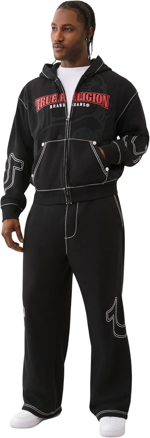 imageTrue Religion Mens Cinched Big T Zip UP Hoodie Full Zip Sweatshirt with Contrast StitchingJet Black