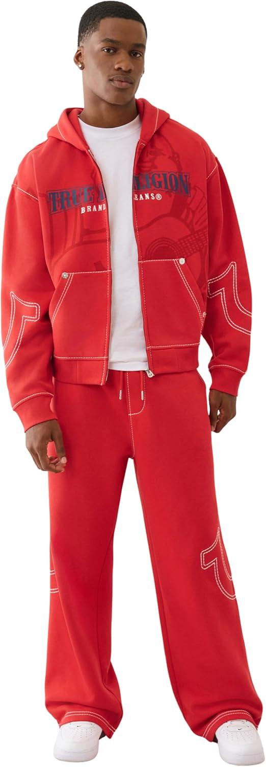 imageTrue Religion Mens Cinched Big T Zip UP Hoodie Full Zip Sweatshirt with Contrast StitchingTrv Red