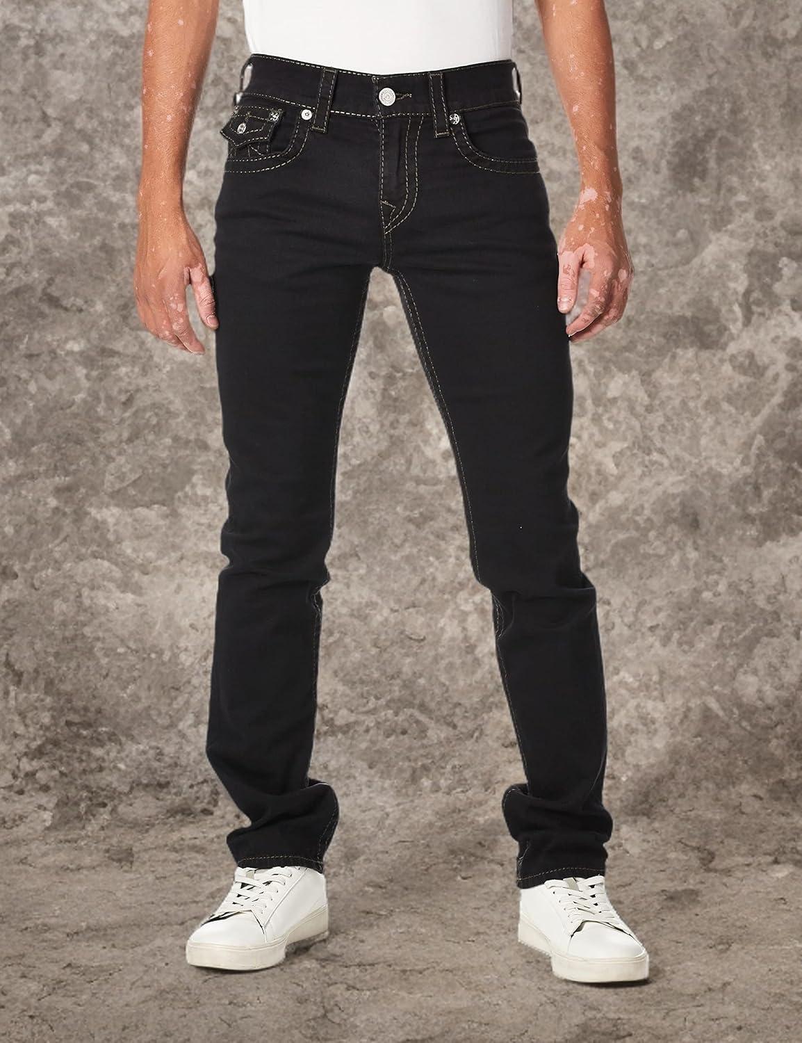 imageTrue Religion Mens Ricky Big T Straight Leg with Back Flap Pockets Jeans Body Rinse Black 44W x 34L US