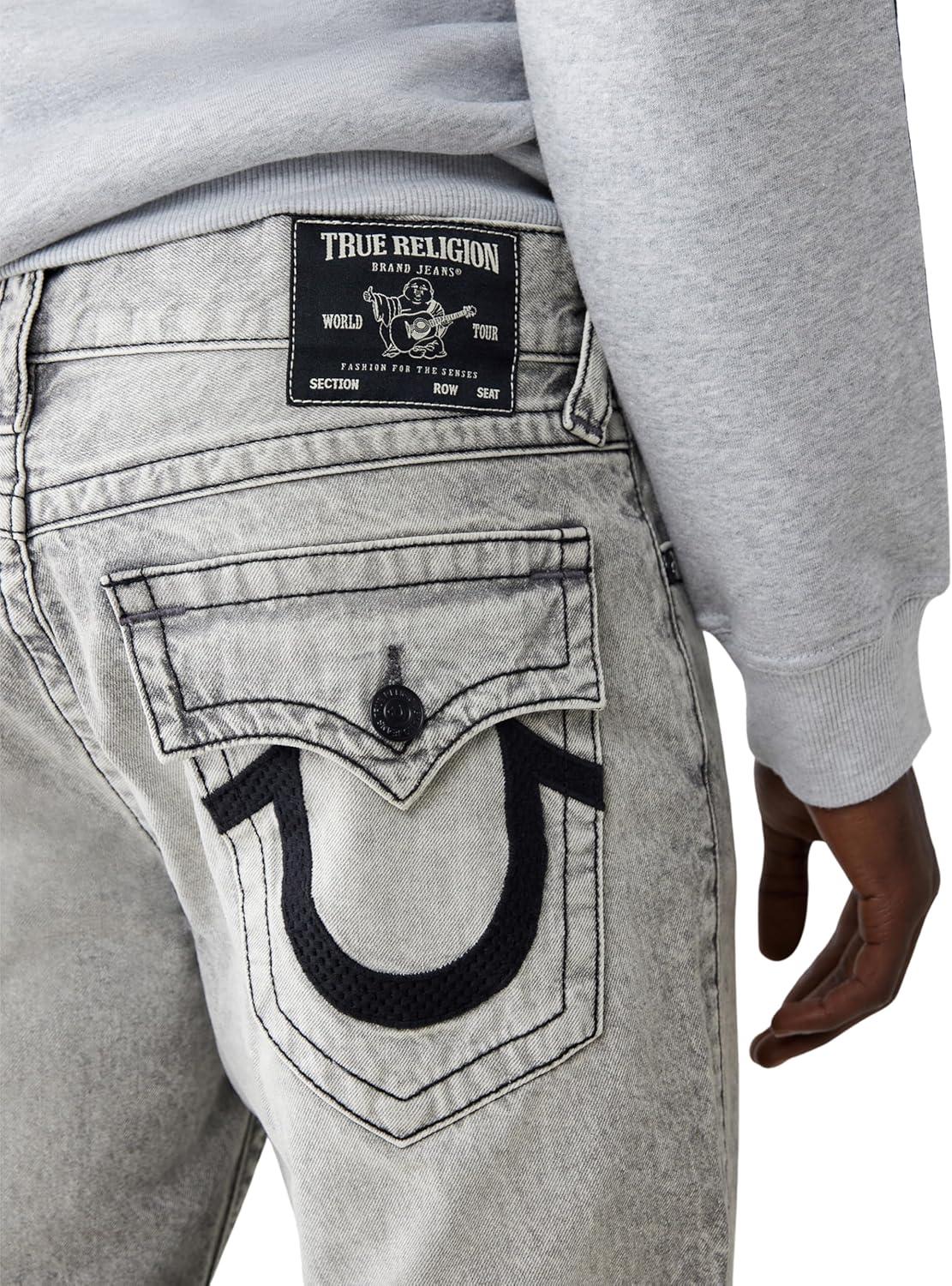 imageTrue Religion Mens Ricky Straight Fit Jeans with Snap Flap Pockets Mesh High ShineRebel Trail Grey Wash