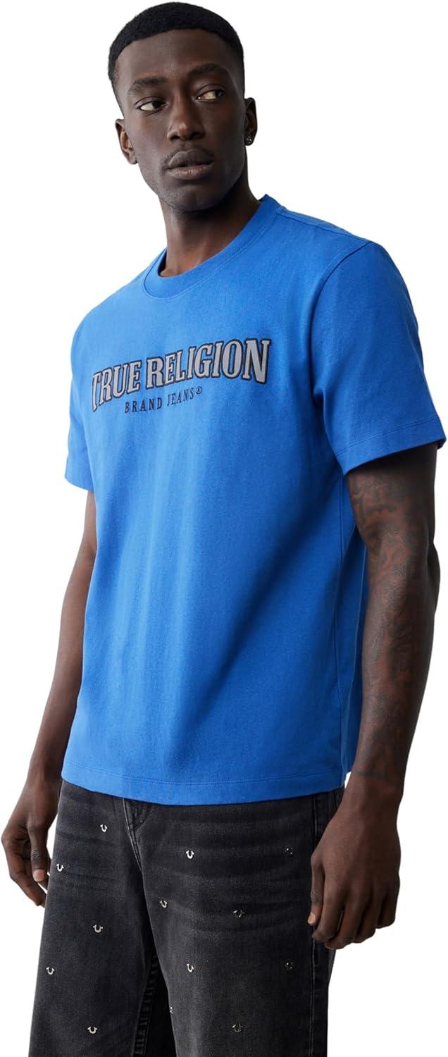 imageTrue Religion Mens Short Sleeve Reflective Arch Tee Modern Fit with EyeCatching ReflectiveGalaxy Blue