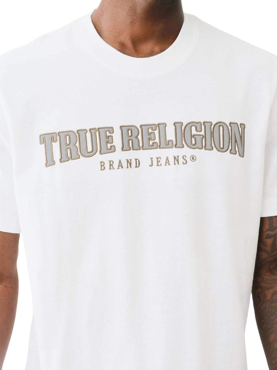 imageTrue Religion Mens Short Sleeve Reflective Arch Tee Modern Fit with EyeCatching ReflectiveOptic White