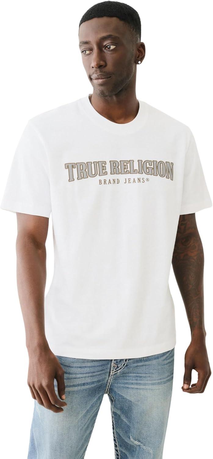 imageTrue Religion Mens Short Sleeve Reflective Arch Tee Modern Fit with EyeCatching ReflectiveOptic White