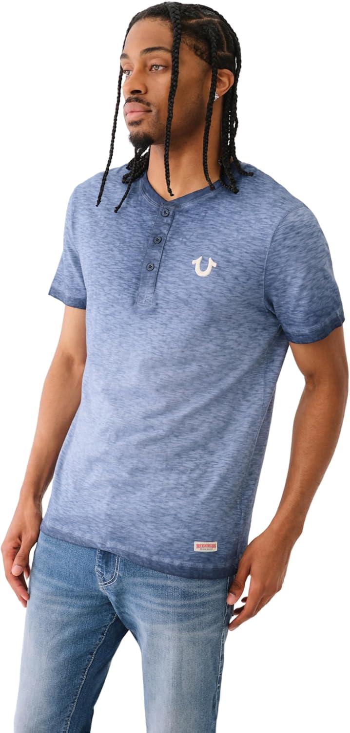 imageTrue Religion Mens Ss Dyed Embro HenleyDress Blue