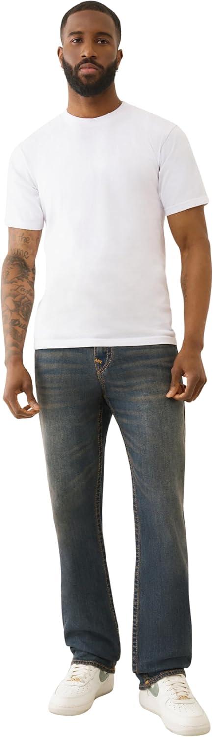 imageTrue Religion Mens Super Flatlock Ricky Flap Jeans Straight Fit Stretch Denim with Signature Flap PocketsGreenland Dark Wash