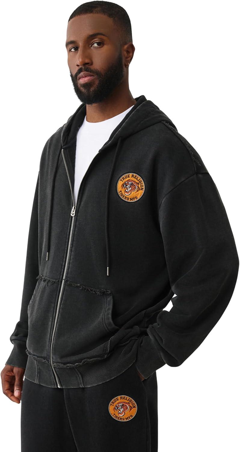 imageTrue Religion Mens Tiger Relaxed Vintage Zip Up Hoodie Casual Full Zip Graphic SweatshirtJet Black