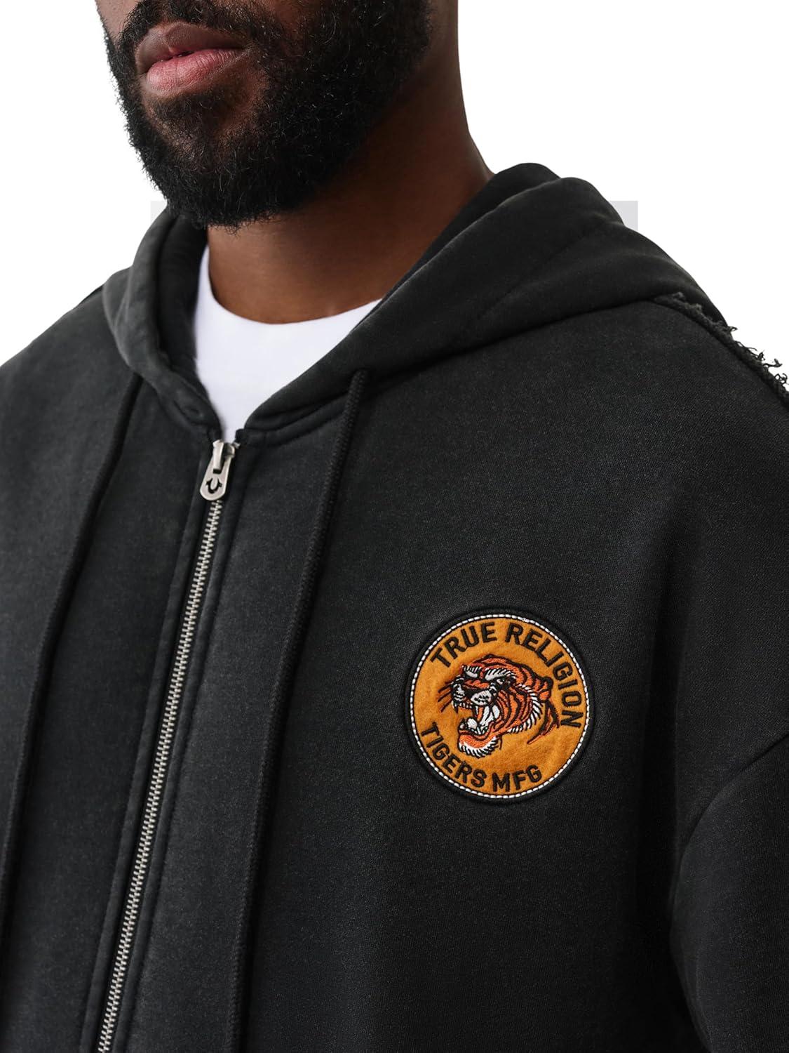 imageTrue Religion Mens Tiger Relaxed Vintage Zip Up Hoodie Casual Full Zip Graphic SweatshirtJet Black