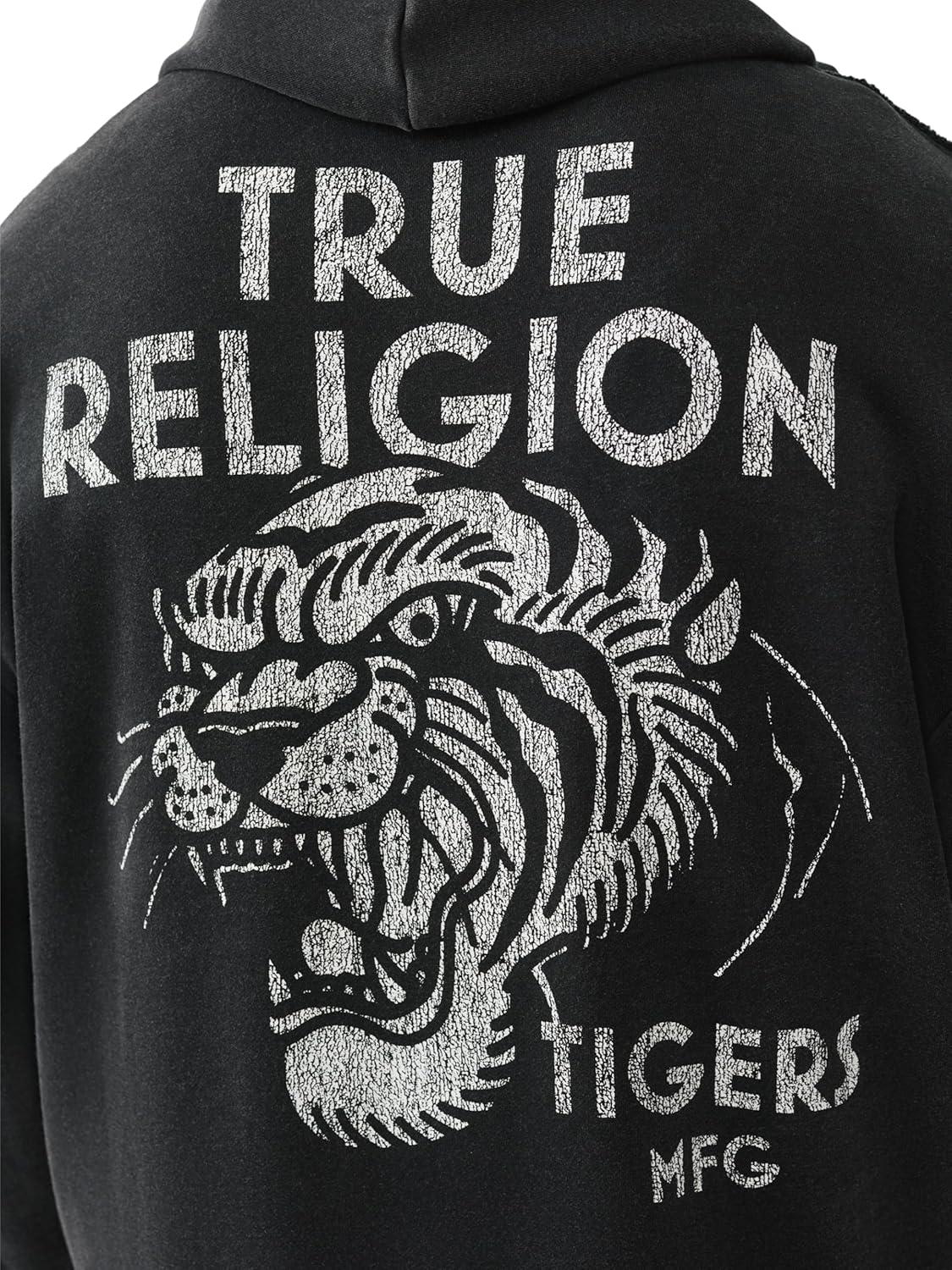 imageTrue Religion Mens Tiger Relaxed Vintage Zip Up Hoodie Casual Full Zip Graphic SweatshirtJet Black