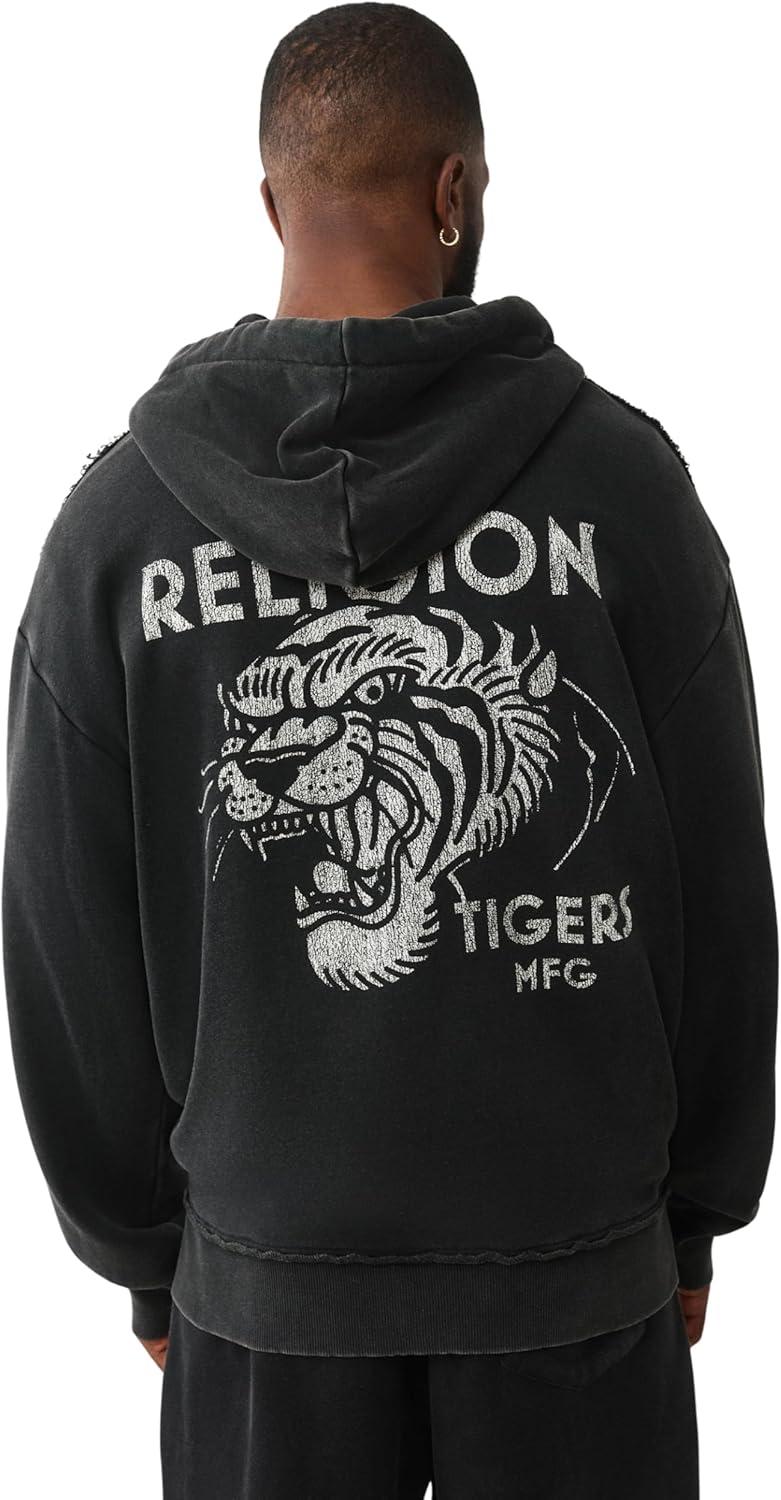imageTrue Religion Mens Tiger Relaxed Vintage Zip Up Hoodie Casual Full Zip Graphic SweatshirtJet Black