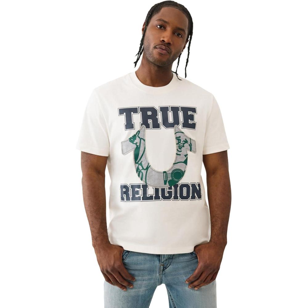 imageTrue Religion Mens Applique Terry Tee  Short Sleeve Crewneck Casual TShirtWinter White