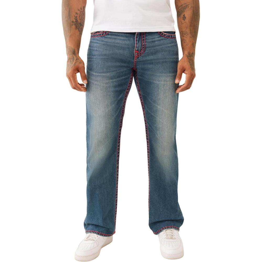 imageTrue Religion Mens Billy Super T Flap Jeans Straight Leg Denim with Contrast StitchingEriccson Pl Dark Wash