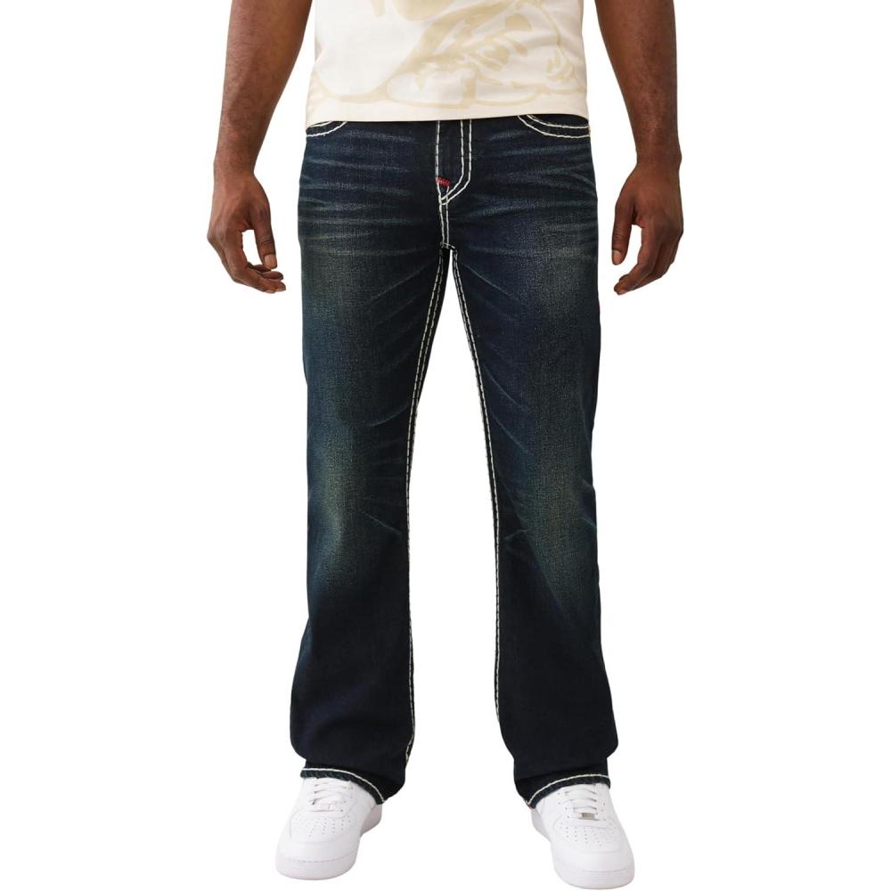 imageTrue Religion Mens Billy Super T Flap Jeans Straight Leg Denim with Contrast StitchingMidnight Serencade Dark Wash