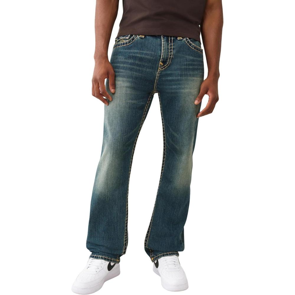 imageTrue Religion Mens Bobby Super T Flap Jeans Relaxed Bootcut Denim with Contrast Stitching amp Back Flap PocketsGotham Grind Dark Wash