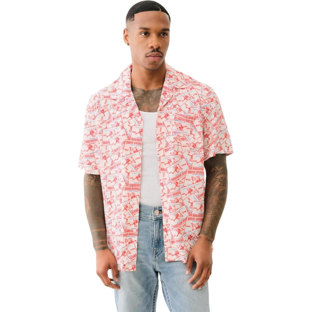 imageTrue Religion Mens Camp Collar Shirt RedBlueNatural Short Sleeve Fit ButtonUpRed Blue Natural