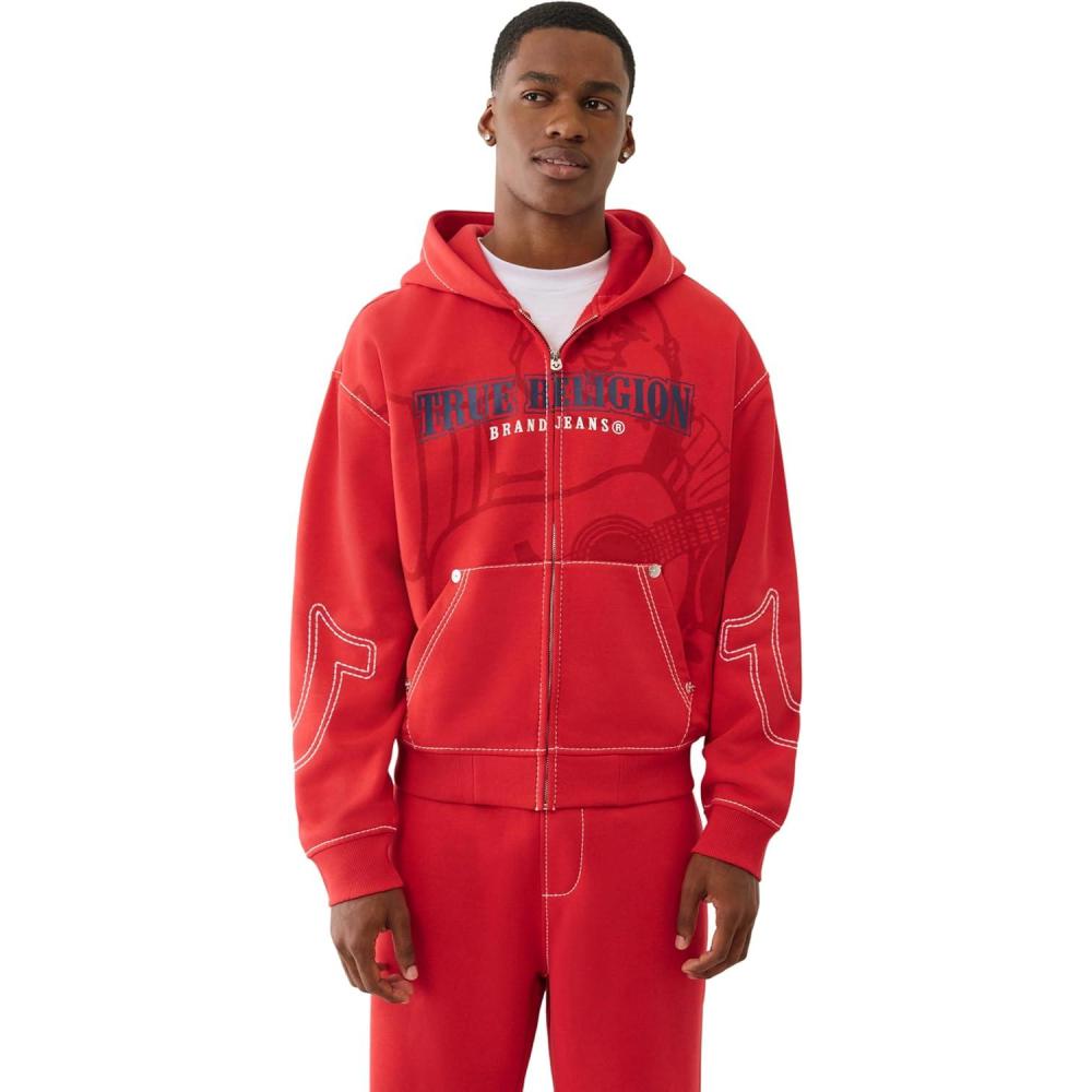 imageTrue Religion Mens Cinched Big T Zip UP Hoodie Full Zip Sweatshirt with Contrast StitchingTrv Red
