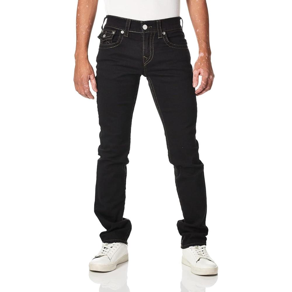 imageTrue Religion Mens Ricky Big T Straight Leg with Back Flap Pockets Jeans Body Rinse Black 44W x 34L US