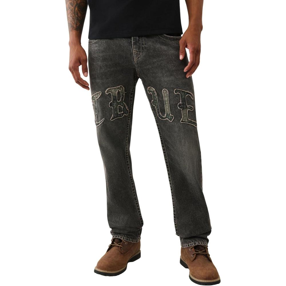 imageTrue Religion Mens Ricky SN Stitch Flap Applied TR Jeans 34 Inseam Straight Leg DenimCompass Trail Black Wash