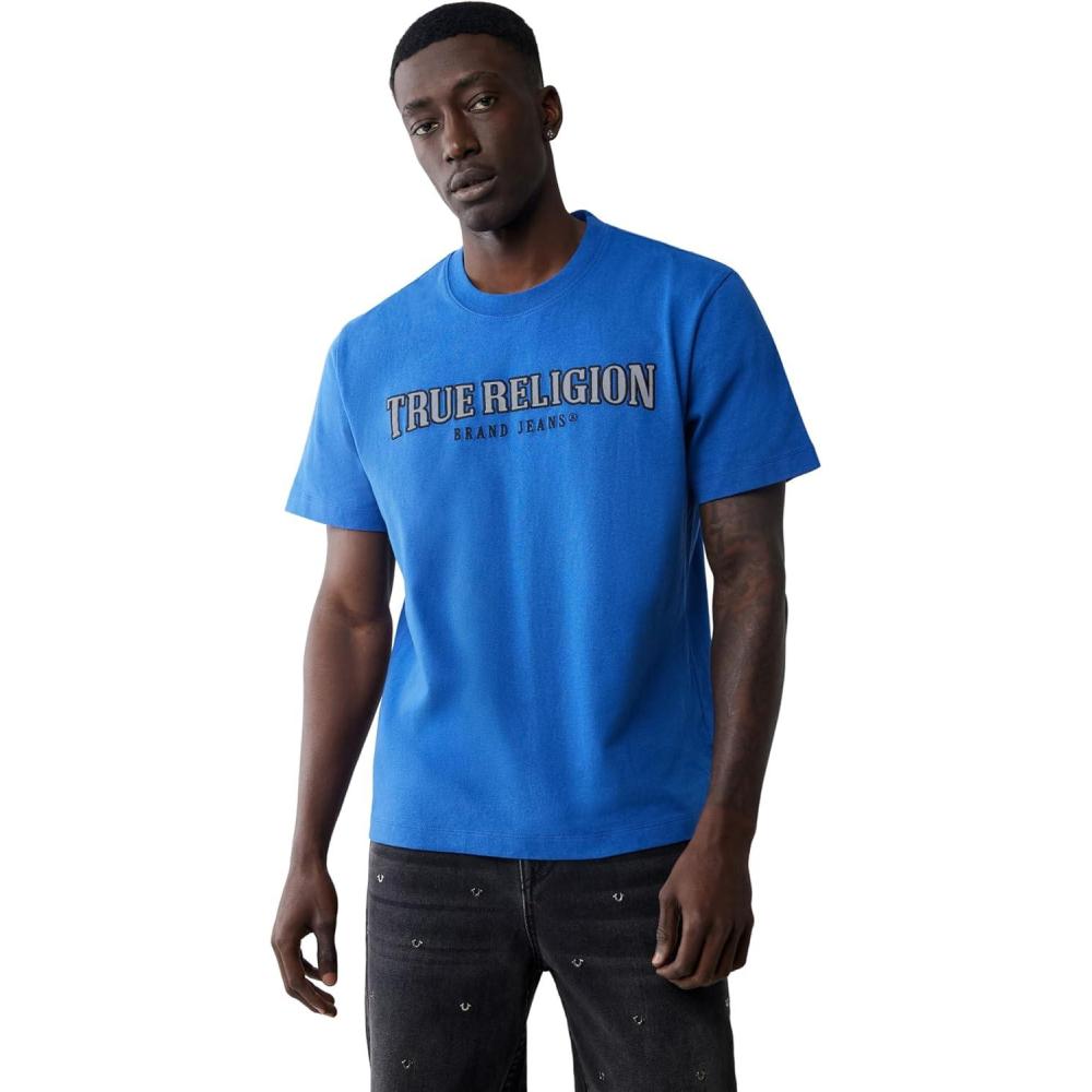 imageTrue Religion Mens Short Sleeve Reflective Arch Tee Modern Fit with EyeCatching ReflectiveGalaxy Blue