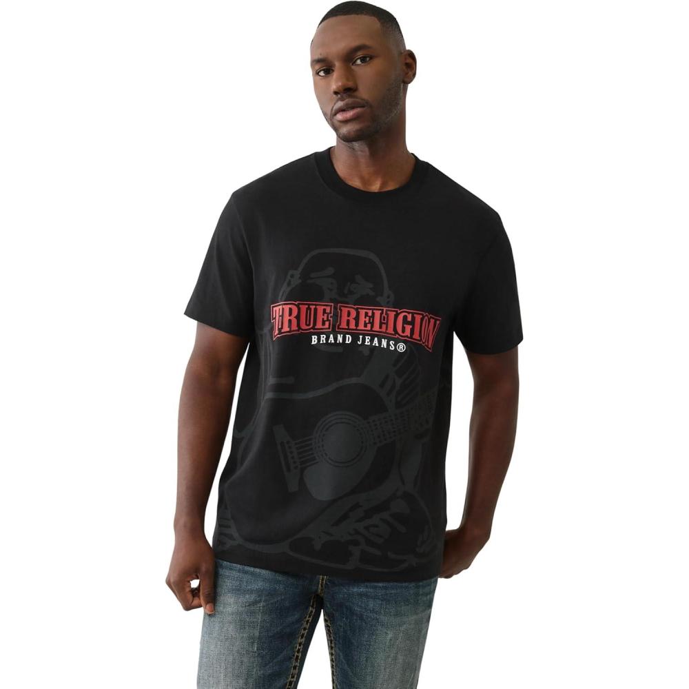 imageTrue Religion Mens Short Sleeve Shadow Logo Tee Crewneck Graphic TShirtJet Black