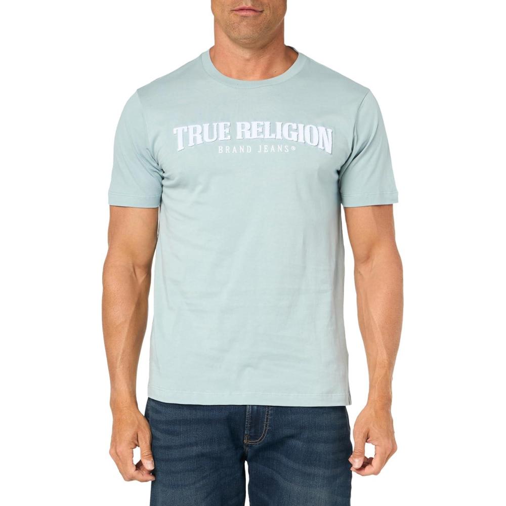 imageTrue Religion Mens Ss Pile Arch Logo TeeDusty Blue