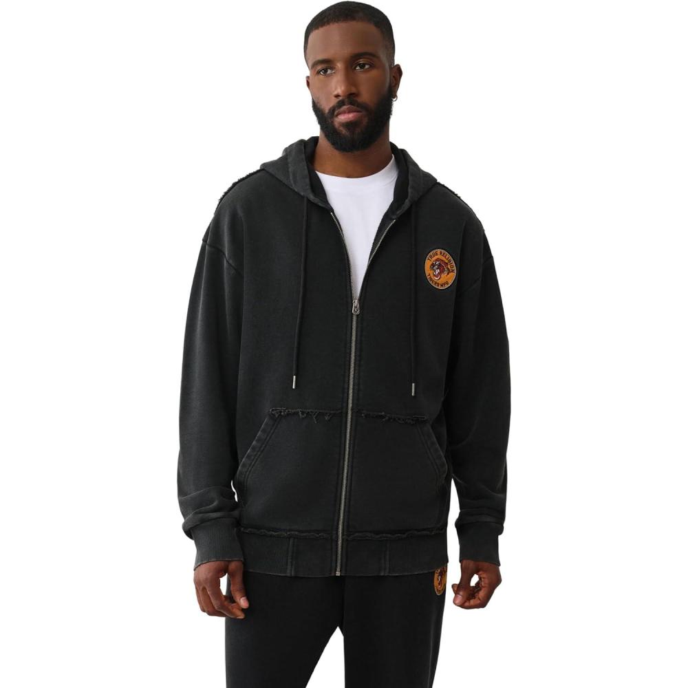 imageTrue Religion Mens Tiger Relaxed Vintage Zip Up Hoodie Casual Full Zip Graphic SweatshirtJet Black