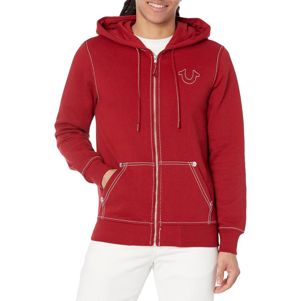 imageTrue Religion Mens Velour Big T Zip Up HoodieRed Dahlia