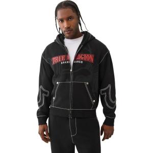 True Religion Men’s Cinched Big T Zip UP Hoodie – Full Zip Sweatshirt with Contrast Stitching(Jet Black)