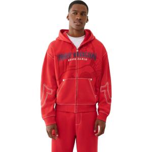 True Religion Men’s Cinched Big T Zip UP Hoodie – Full Zip Sweatshirt with Contrast Stitching(Trv Red)