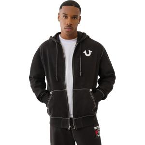 True Religion Men’s No. 1 Loose Big T Zip Hoodie – Full Zip Sweatshirt(Jet Black)