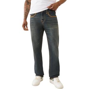 True Religion Men’s Super Flatlock Ricky Flap Jeans – Straight Fit Stretch Denim with Signature Flap Pockets(Greenland Dark Wash)