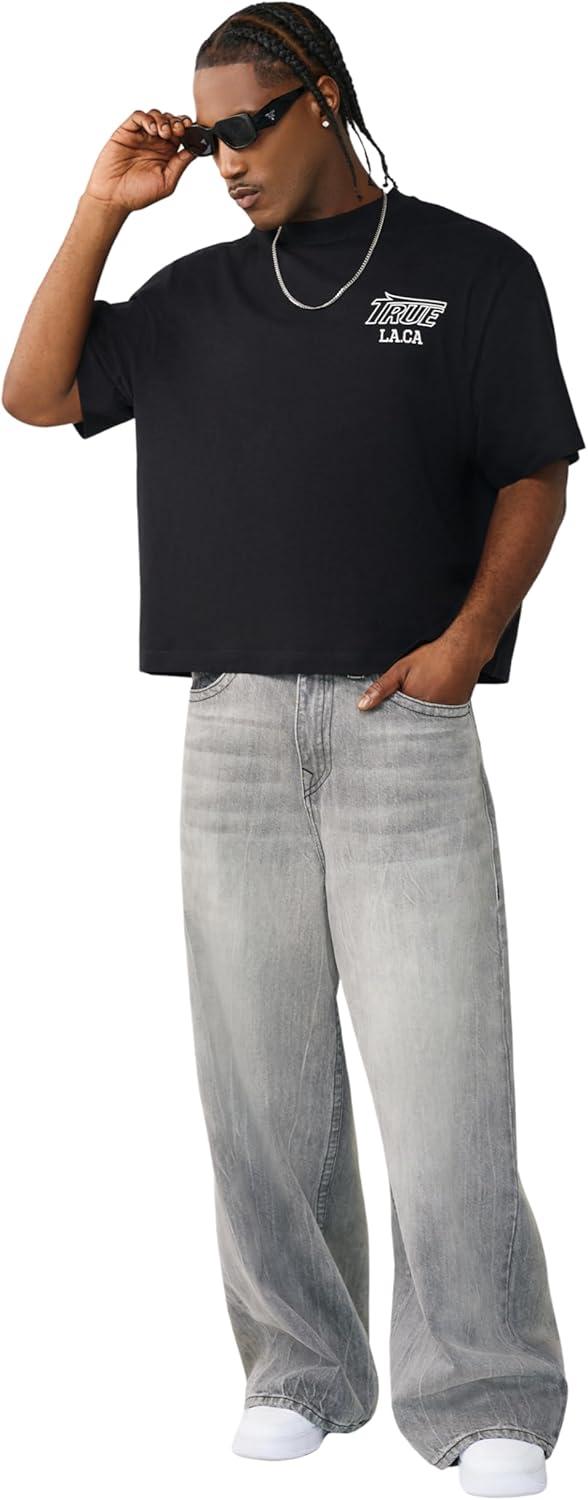 imageTrue Religion Mens Heavyweight Mesh Logo Tee Crew Neck Short Sleeves Arched Logo PatchJet Black