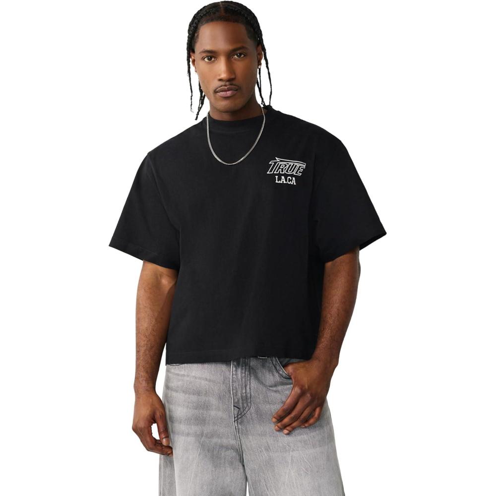 imageTrue Religion Mens Heavyweight Mesh Logo Tee Crew Neck Short Sleeves Arched Logo PatchJet Black