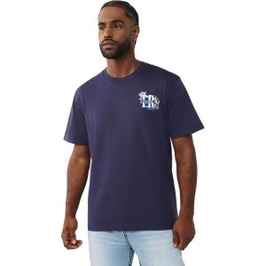 True Religion Men’s High Density Logo Tee – Graphic Print, Crew Neck, European-Inspired Design(Midnight Navy)