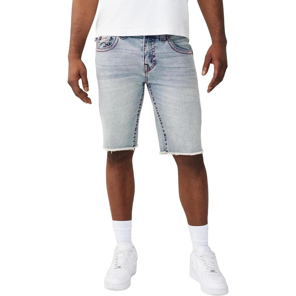 imageTrue Religion Mens Ricky Frayed Hem Denim Short Relaxed Fit Horseshoe Detailing RawCut Hem Starlit Gleam Light Wash 36
