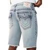 True Religion Men’s Ricky Frayed Hem Denim Short – Relaxed Fit, Horseshoe Detailing, Raw-Cut Hem – Starlit Gleam Light Wash, 36