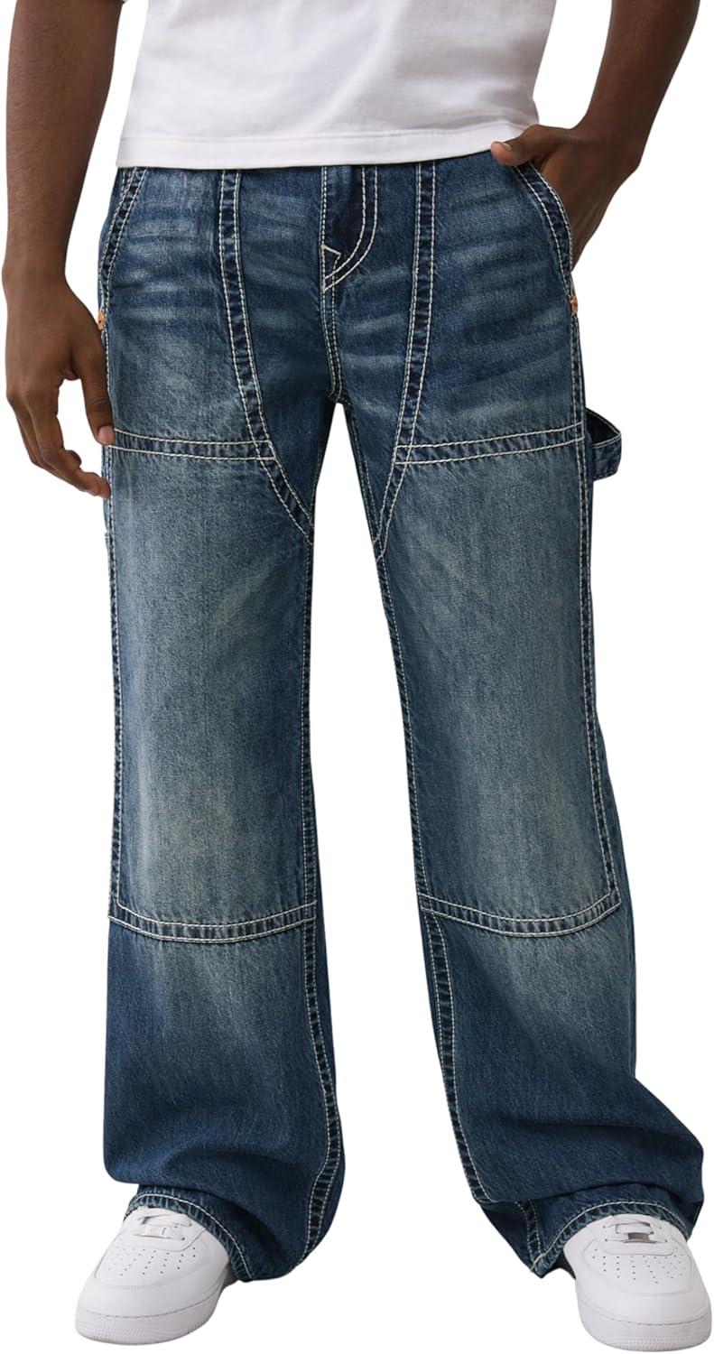 imageTrue Religion Mens Vinny Ultra Baggy Carpenter Pants Big T Stitch Utility Style 34 InseamRed Wine Medium Wash
